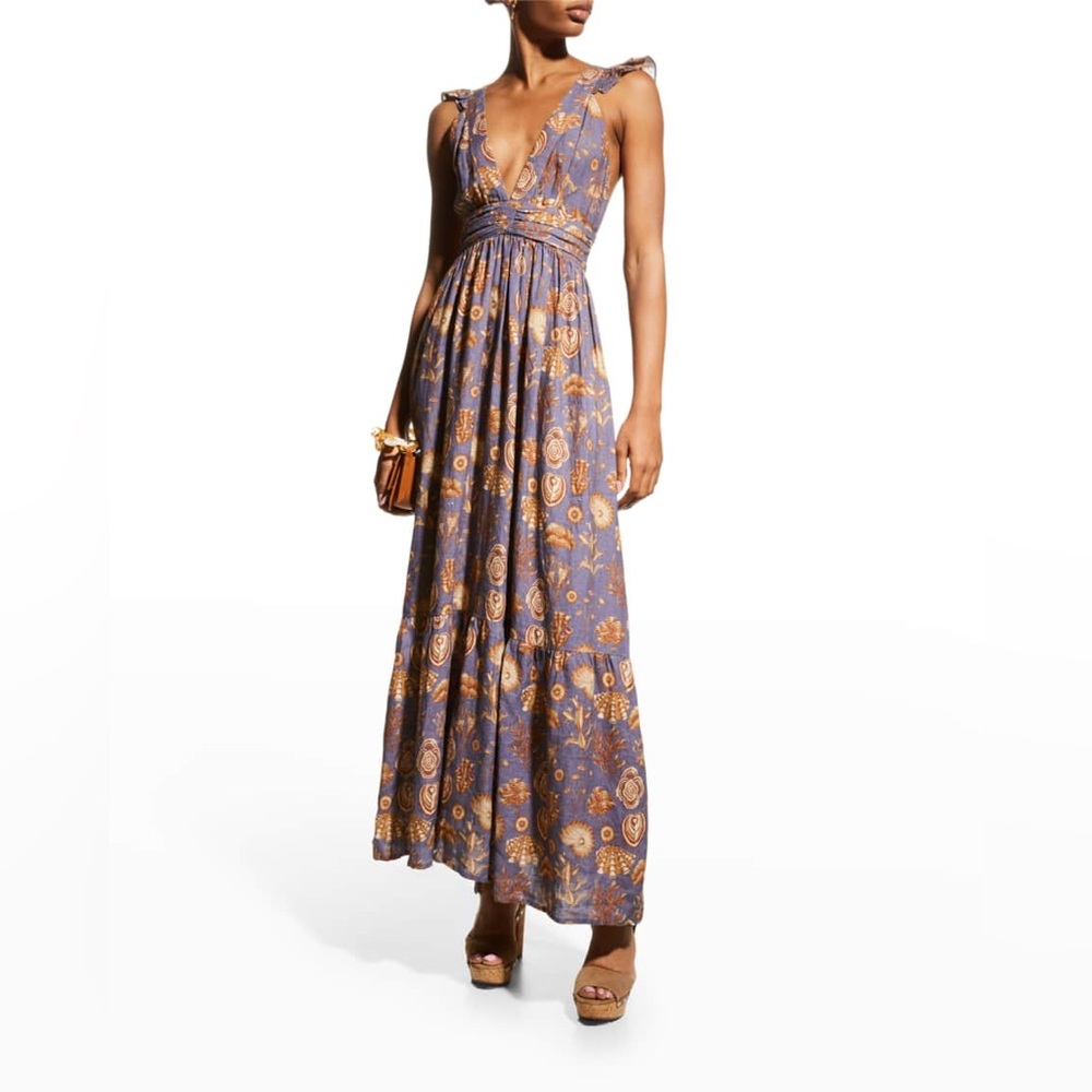 CAROLINA K Penelope Flutter Sleeve Maxi Dress Grey Linen Sea Beach Print - Picture 3 of 10